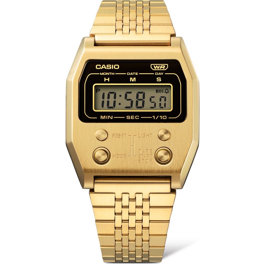 vintage digital retro watch Casio A1100G-5 remember 52QS-14B 70&#39;s edition 40 × 35 × 9.1 mm ion bath chronometer alarm steel strap