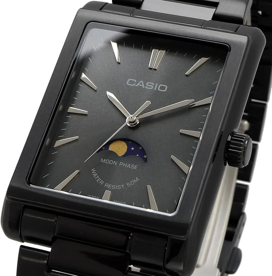 analog quartz men&#39;s watch Casio Moon Phase MTP-M105B-1AV 45.5 × 33 × 8.5 mm ion bath 50m WR steel strap Moon Phases