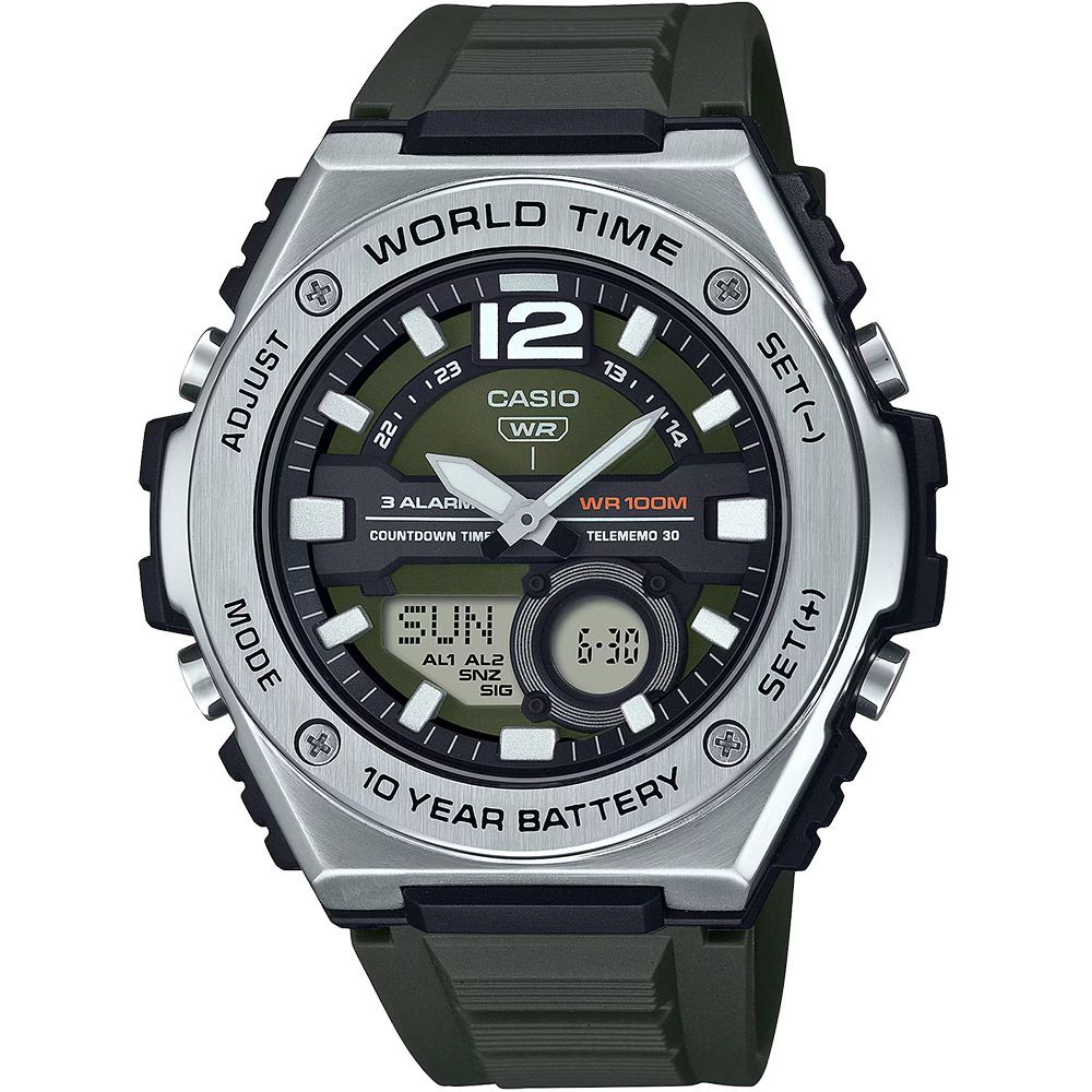 ana-digi men&#39;s sports watch Casio Sport MWQ-100-3AV 50.6mm 100m WR resin strap World Time 10 years battery life