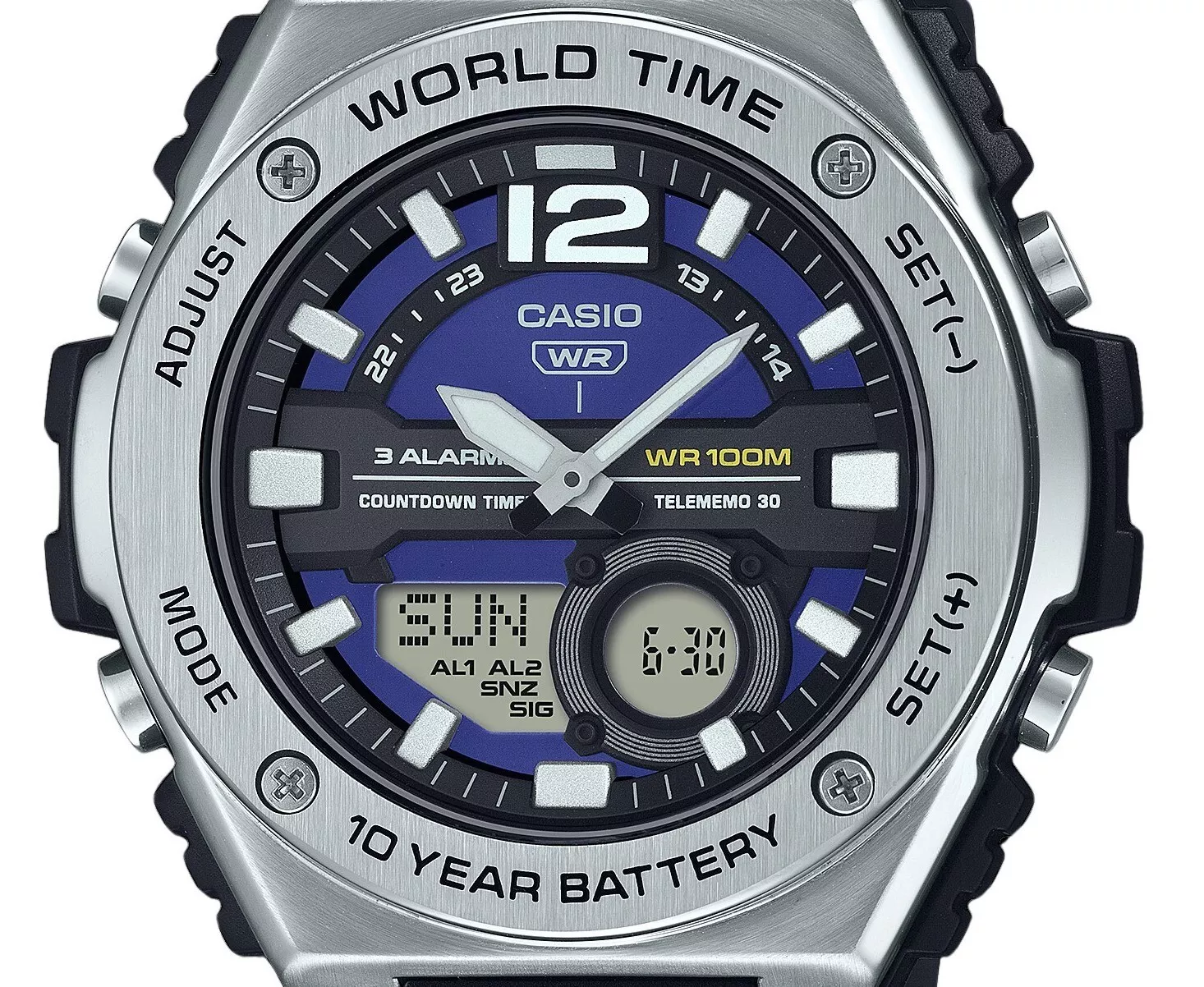 ana-digi men&#39;s sports watch Casio Sport MWQ-100-2AV 50.6mm 100m WR resin strap World Time 10 years battery life