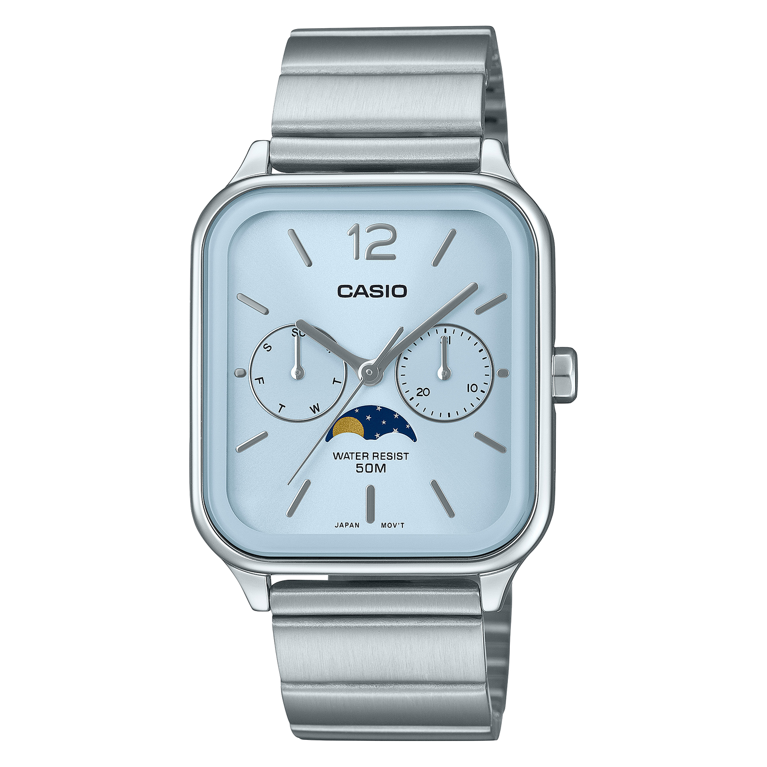Casio Moonphase MTP-M305D-2A 44.5 × 34 × 9.3 mm moon phases 50m WR steel strap men’s watch
