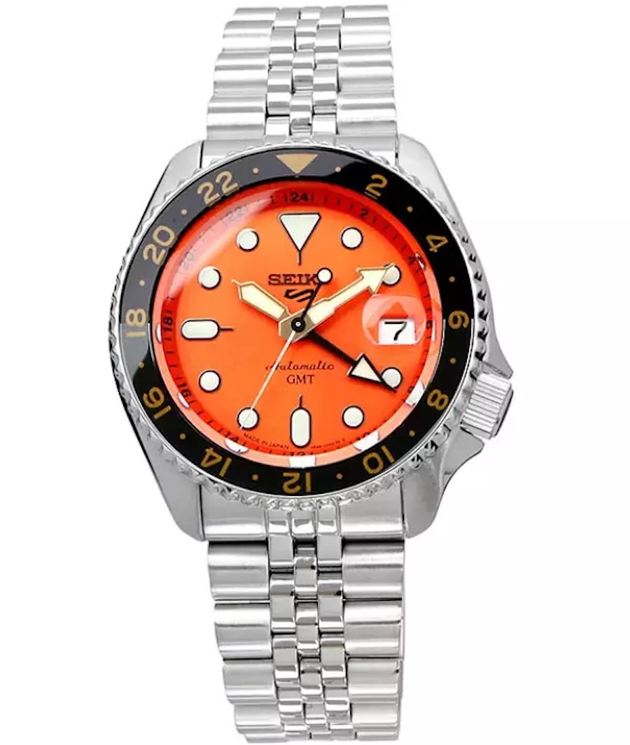 Reloj automático buceo hombre Seiko 5 Sports GMT SSK005J1 SSK005 SSK005  Hecho en Japón MIKAN ORANGE  dial naranja 42.5mm Hardlex con lupa 200m resistente al agua correa de acero Lumibrite SKX Style