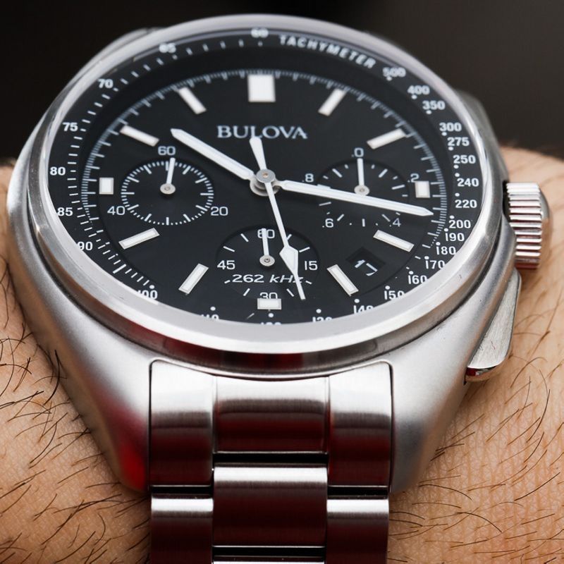 Bulova 96B258 Lunar Pilot Men s Moon Watch Chronograph Special Edition 45mm black dial Sapphire crystal Quartz 50m WR stainless steel bracelet