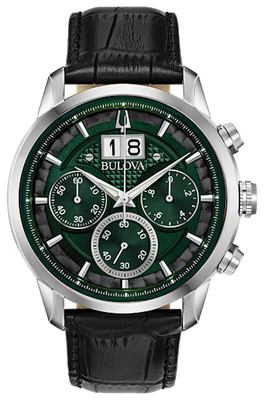 Bulova Sutton 96B310 44mm green dial sport quartz men&#39;s watch leather band 30m Water resist