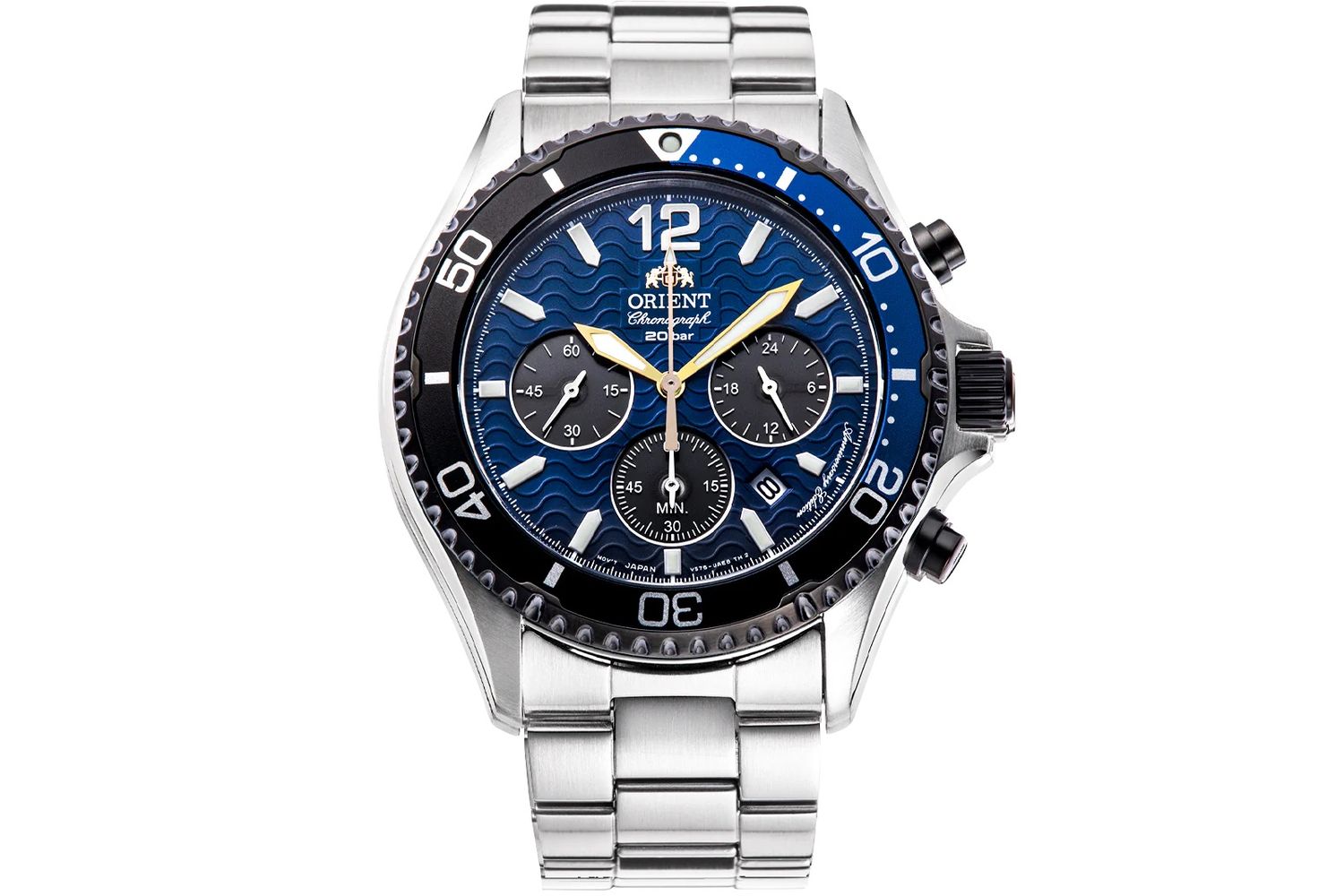 solar chronograph men&#39;s watch Orient Sports Chronograph BLUE Panda RA-TX0208L Limited Edition  42.8mm 200m WR sapphire crystal sapphire crystal steel strap (solar or light powered)
