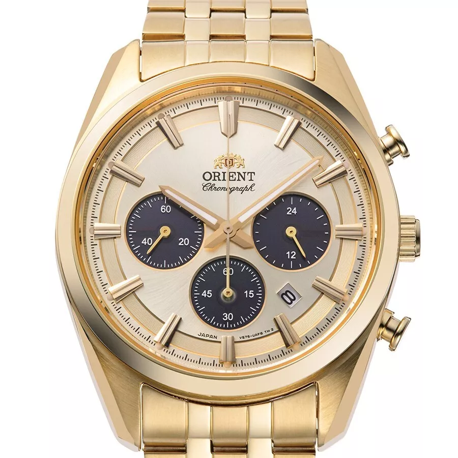 men&#39;s chronograph watch Orient Gold Panda RA-TX0301G 40mm 50m WR sapphire crystal sapphire crystal steel strap solar powered