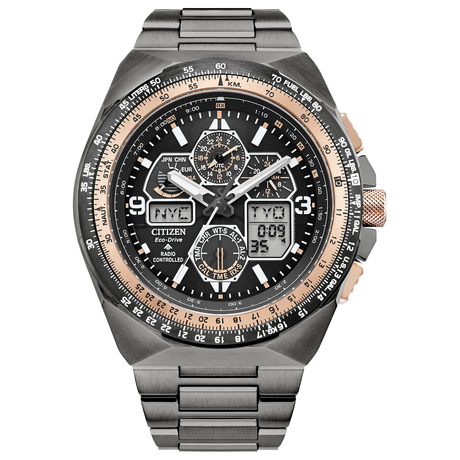 radio controlled watch Promaster Skyhawk A-T JY8146-54E Limited Edition JDM 200M WR anti-reflective sapphire crystal Atomic Time steel strap Eco-Drive movement (solar or light powered) JDM (Japanese domestic market)