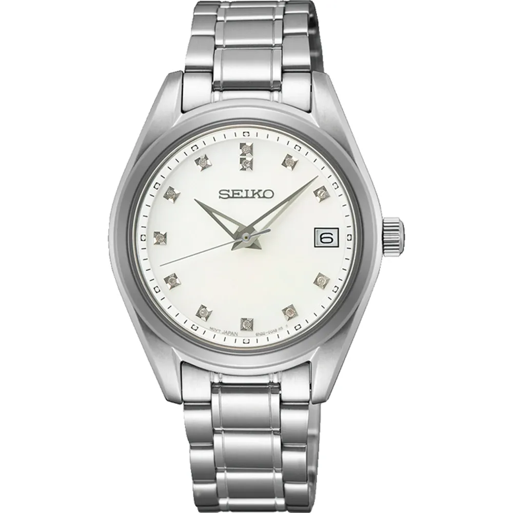 women's watch Seiko Diamonds SUR579P1 Mother of Pearl 32mm sapphire crystal 100m WR steel strap