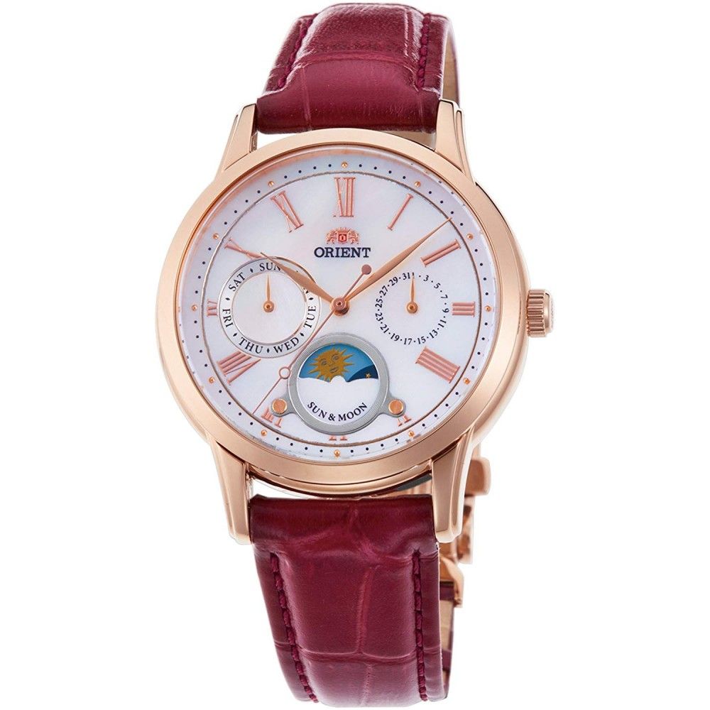 women&#39;s quartz watch Orient Sun &amp; Moon RA-KA0001A 34.8mm 50m WR sapphire crystal sapphire crystal leather band