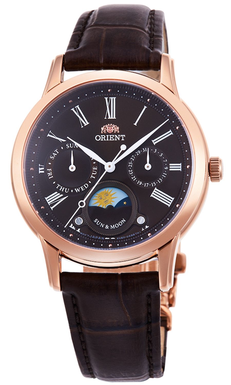 Orient Sun &amp; Moon RA-KA0002Y 34.8mm 50m WR quartz women&#39;s watch sapphire crystal sapphire crystal leather band
