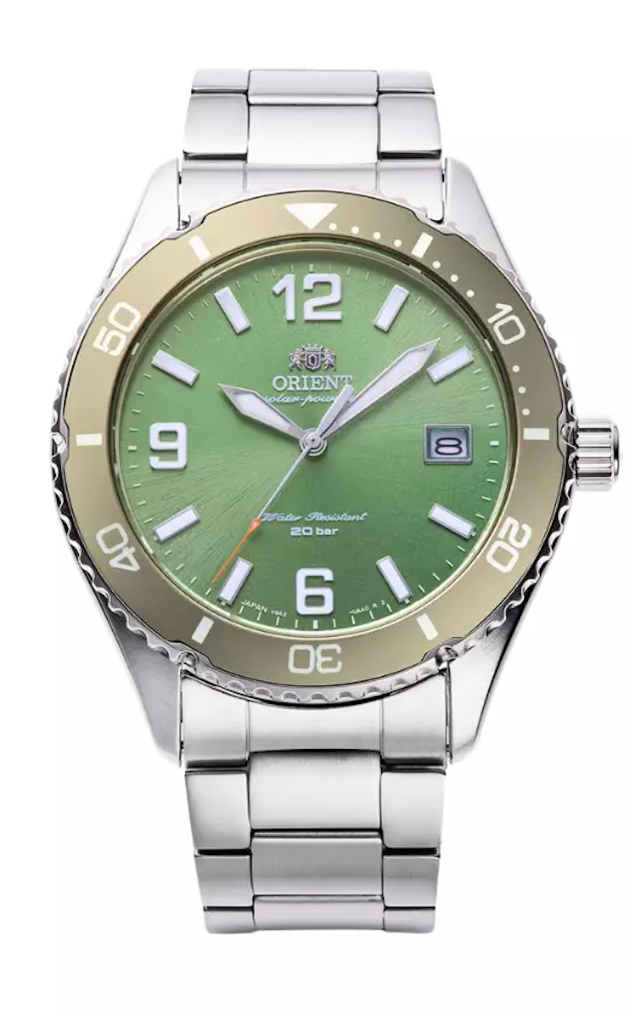 Orient Kamasu RA-WJ0001E 39.9mm 200m WR sapphire crystal sapphire crystal steel strap men&#39;s solar diving watch