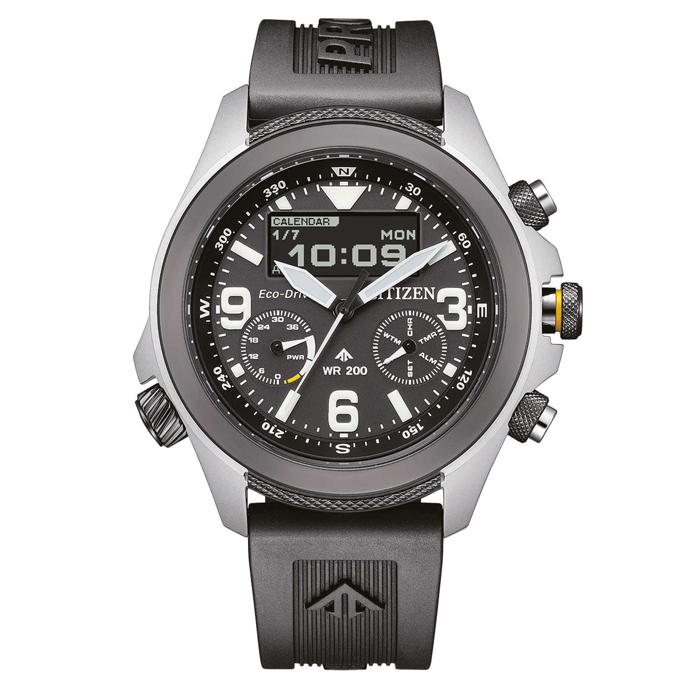 Citizen Promaster Land JV1007-07E 43.5mm 200m WR anti-reflective sapphire crystal silicone strap Eco-Drive movement (solar- or light-powered)