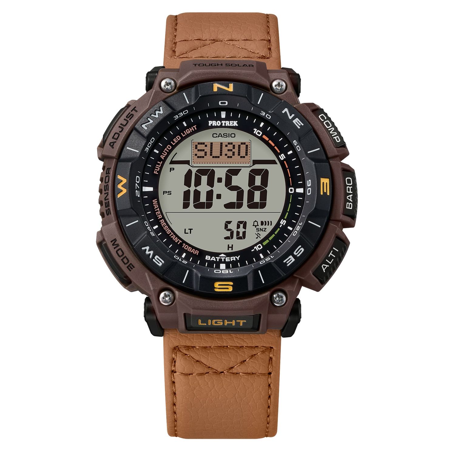 Casio Protrek Climber Line PRG-340L-5JF JDM 51.7mm 100m WR solar watch for men Compass Altimeter Barometer Temperature leather strap JDM (Japanese domestic market)