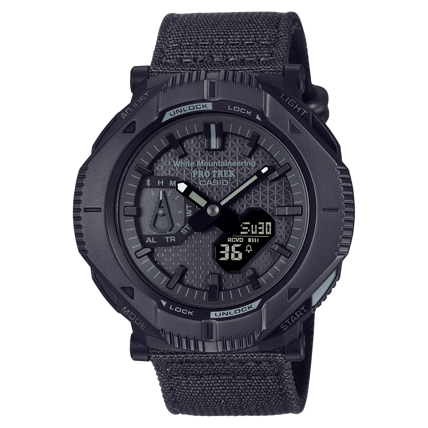 Casio Pro-Trek PRJ-B001WM-1JR JDM White Mountaineering Bluetooth solar watch 46mm 100m WR Mobile Link JDM (Japanese domestic market) cloth strap