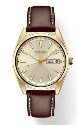 quartz watch men Seiko Classic SUR450 40.2mm sapphire crystal 100m WR leather strap