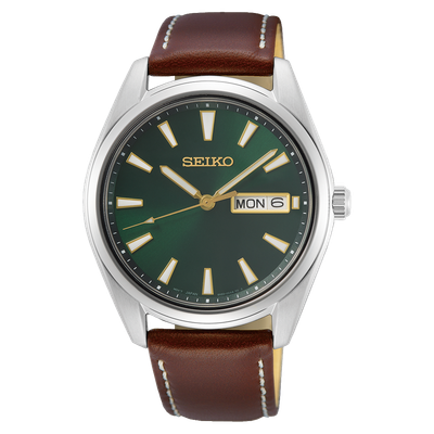 quartz watch men Seiko Essentials SUR449 40.2mm sapphire crystal 100m WR leather strap