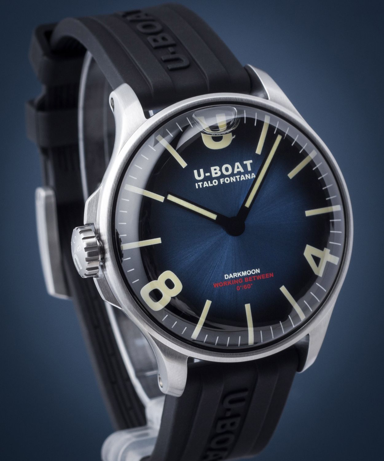 U-Boat Darkmoon Stainless Steel Blue Dial Black Rubber Strap Quartz Mens Watch 8704