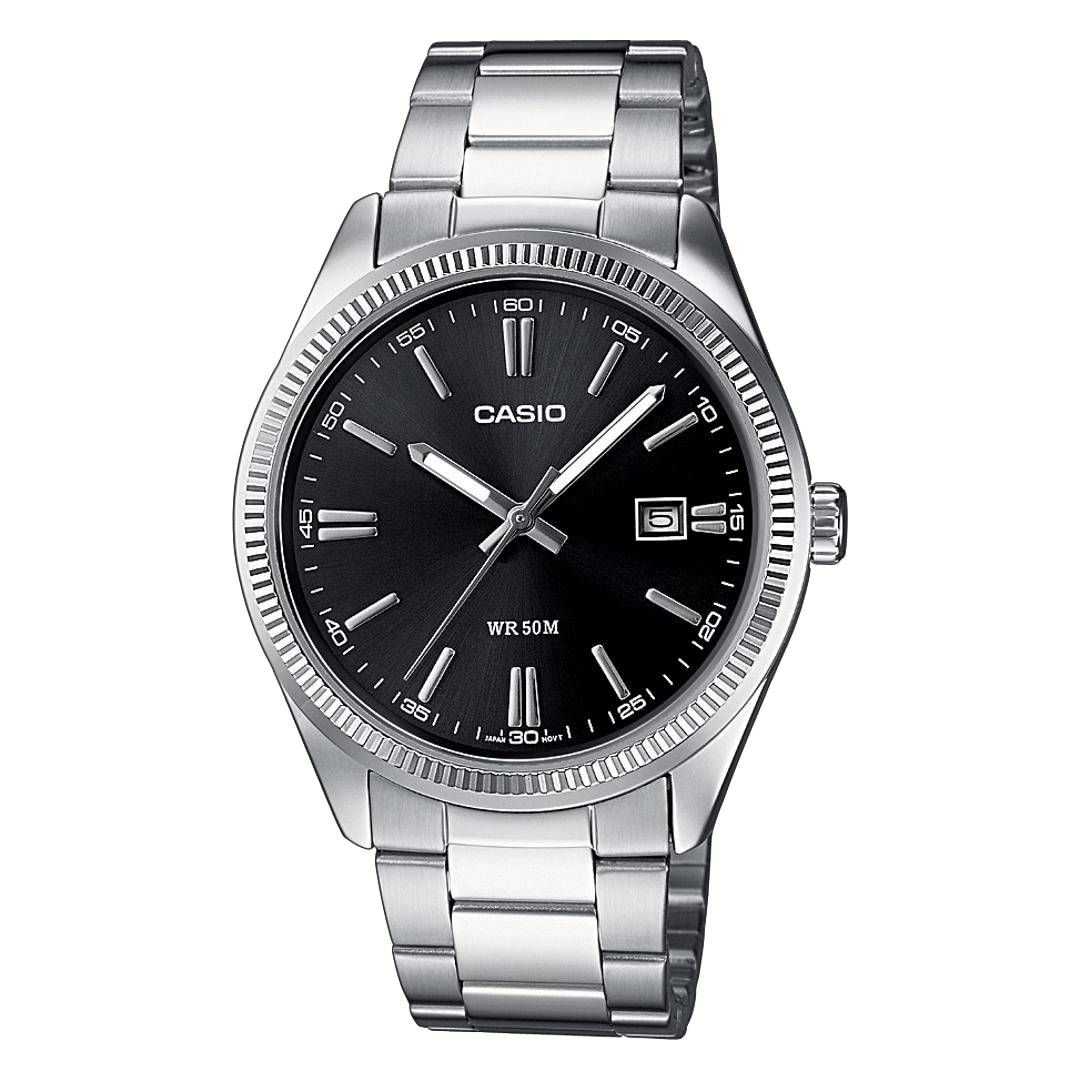 Casio MTP-1302D-1A1 Men&#39;s Classic Watch, Black Dial, Neon Display, Stainless Steel Strap