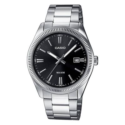 Casio MTP-1302D-1A1 Men&#39;s Classic Watch, Black Dial, Neon Display, Stainless Steel Strap