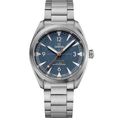 automatic watch men Omega Seamaster Railmaster 220.10.40.20.03.001 “Blue Jeans” 40mm sapphire crystal with anti-reflective coating on both sides 150m WR steel strap