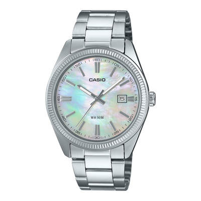 Casio MTP-1302PSC-7A  Mother of pearl classic unisex watch 44.2 × 38.5 × 9.2 mm 50m WR steel strap