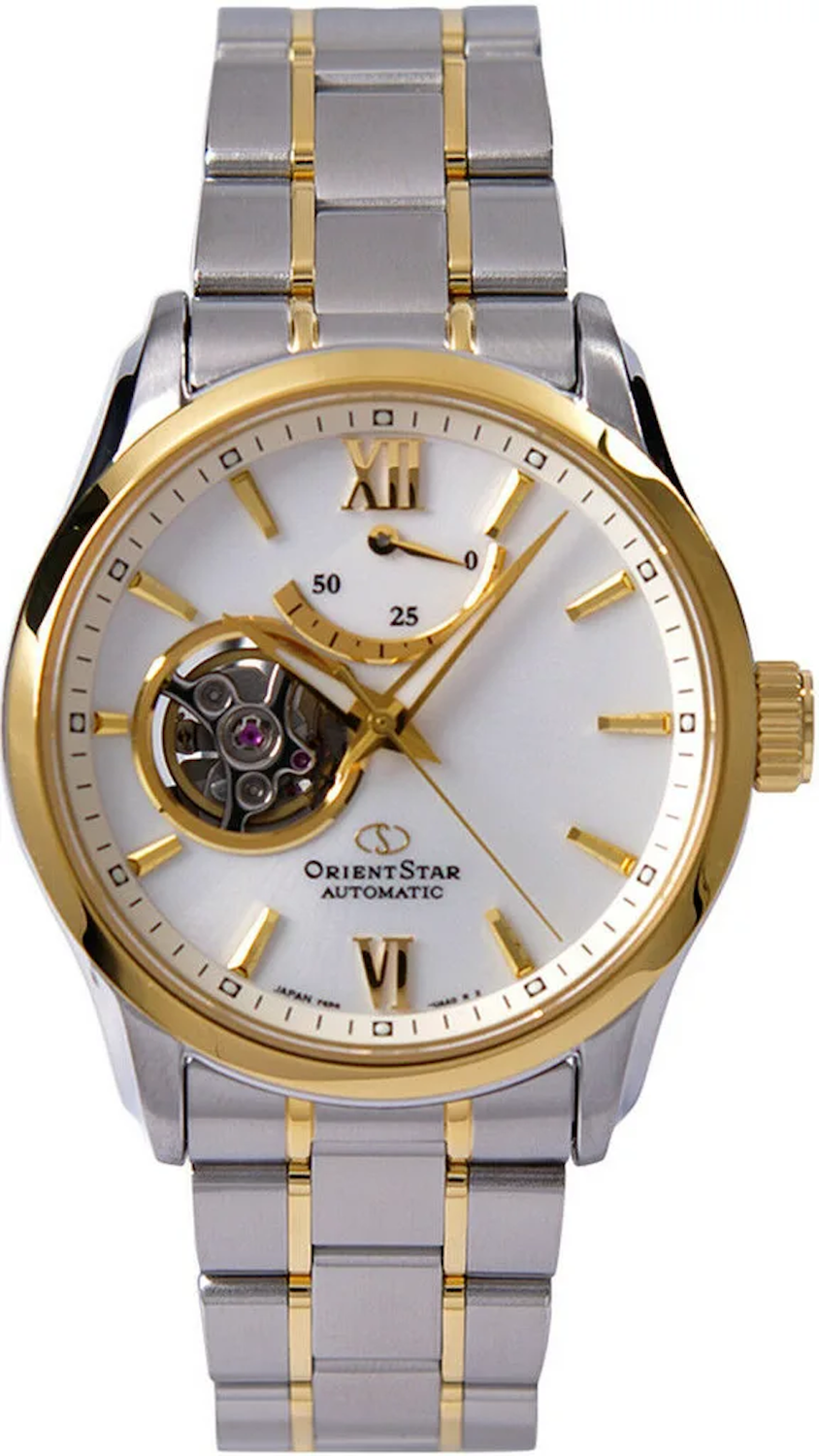 ​Orient Star RE-AT0004S automatic men&#39;s watch white dial 39.3mm gold-tone bezel stainless steel bracelet
