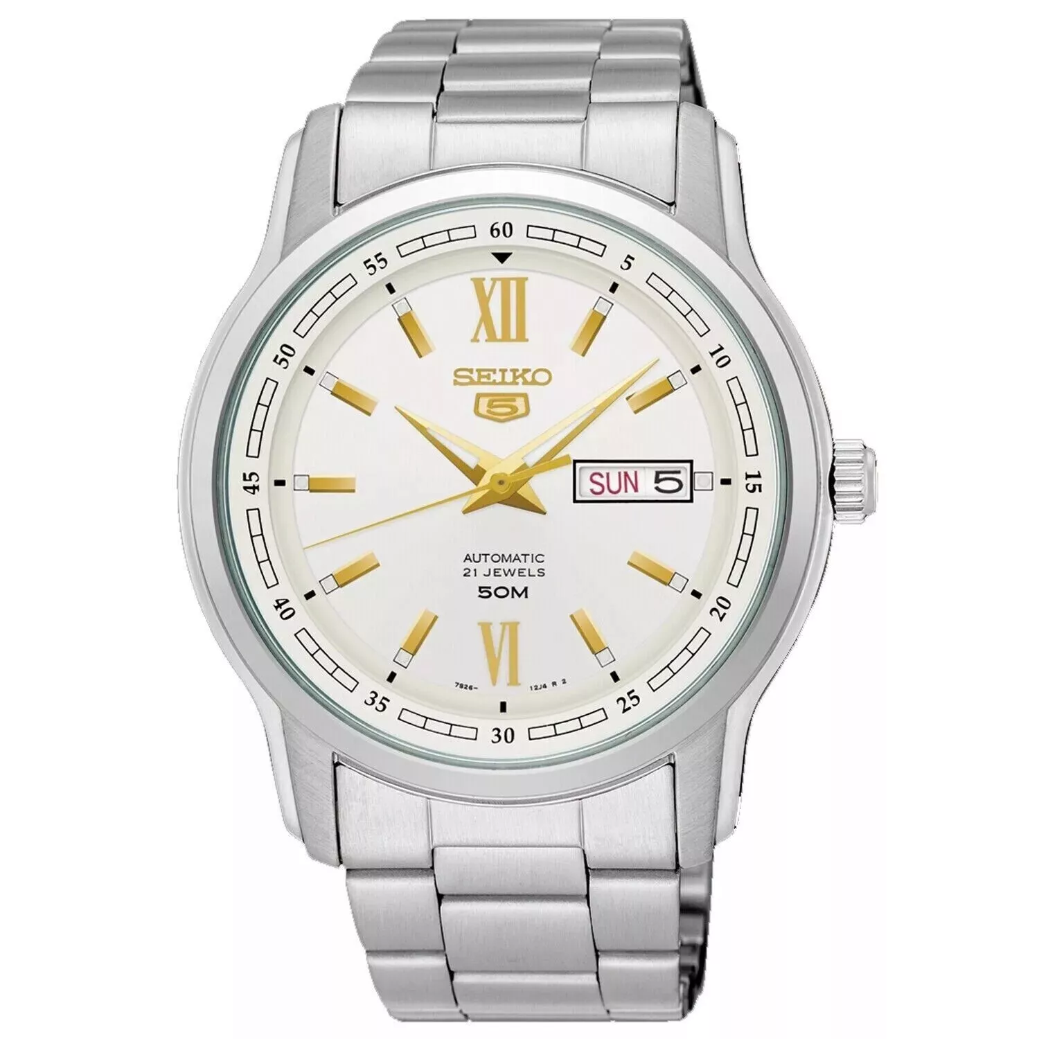 Seiko 5 SNKP15K1 automatic watch for men, 42.3 mm, 50 m WR, 7S26, steel strap
