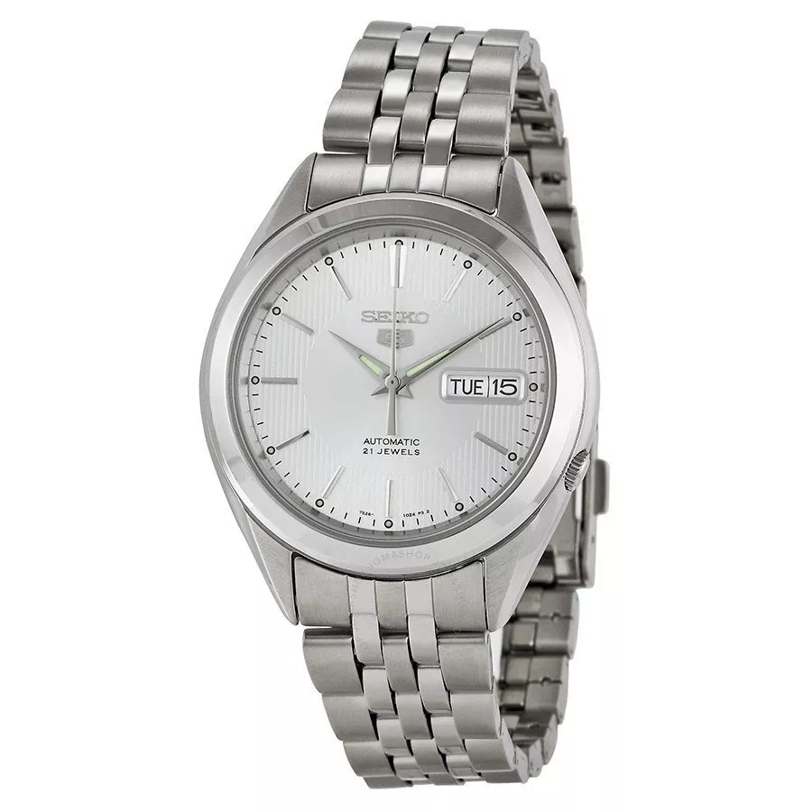 Seiko 5 SNKL15K1 automatic men&#39;s watch with silver dial and 38 mm steel strap