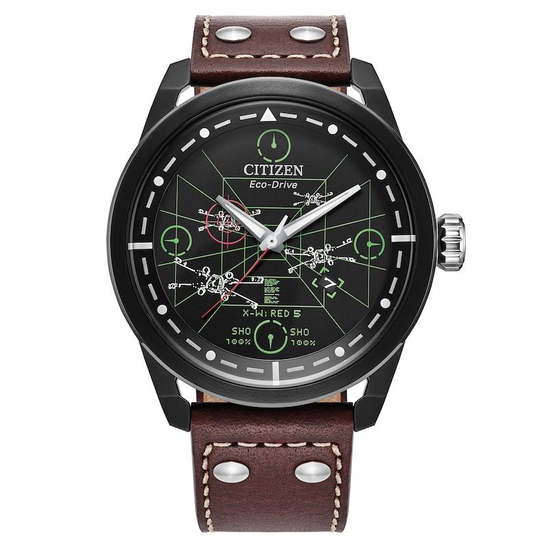 Citizen Star Wars X-WING and Tie Fighter AW1738-05W men&#39;s solar watch, 45 mm, 100 m WR, black IP-coated steel case, Eco-Drive movement (powered by solar energy or light) leather band