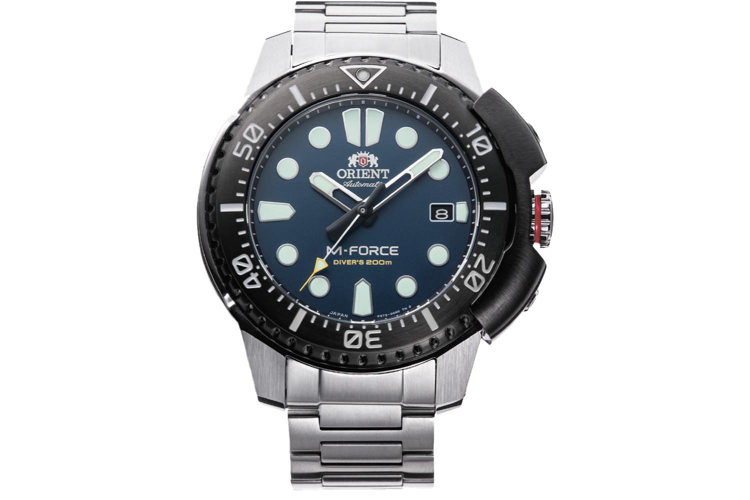 Orient M-Force RA-AC0L07L 45mm 200m WR automatic diving watch for men with sapphire crystal and steel strap