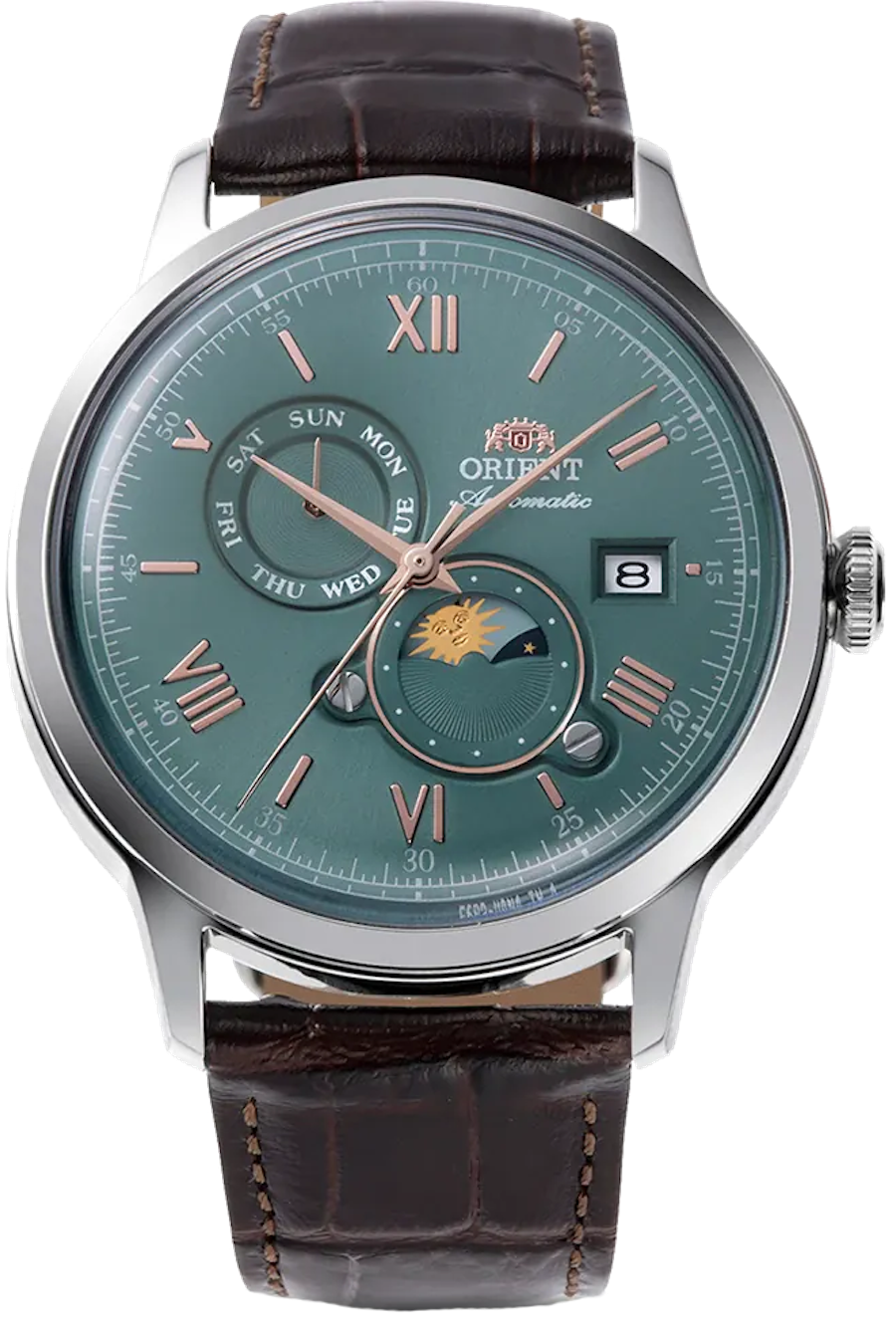 Orient Bambino Sun &amp; Moon Emerald RA-AK0805E 41.5mm automatic watch for men with hand-hacking (manual winding possible) and leather strap