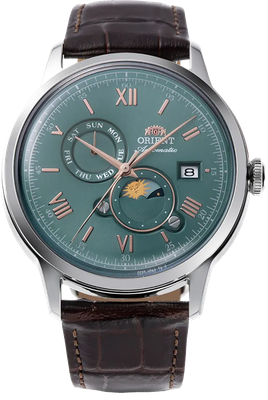 Orient Bambino Sun &amp; Moon Emerald RA-AK0805E 41.5mm automatic watch for men with hand-hacking (manual winding possible) and leather strap