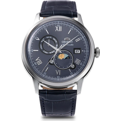 Orient Bambino Sun &amp; Moon Navy Blue RA-AK0806L 41.5mm automatic watch for men with hand-hacking (manual winding possible) and leather strap