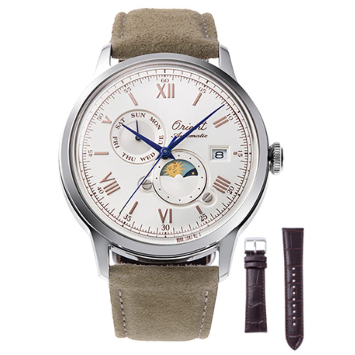 Orient Bambino Sun &amp; Moon RA-AK0808S Limited Edition 75th Anniversary 41.5mm automatic watch for men with hand-hacking (manual winding possible) and leather strap