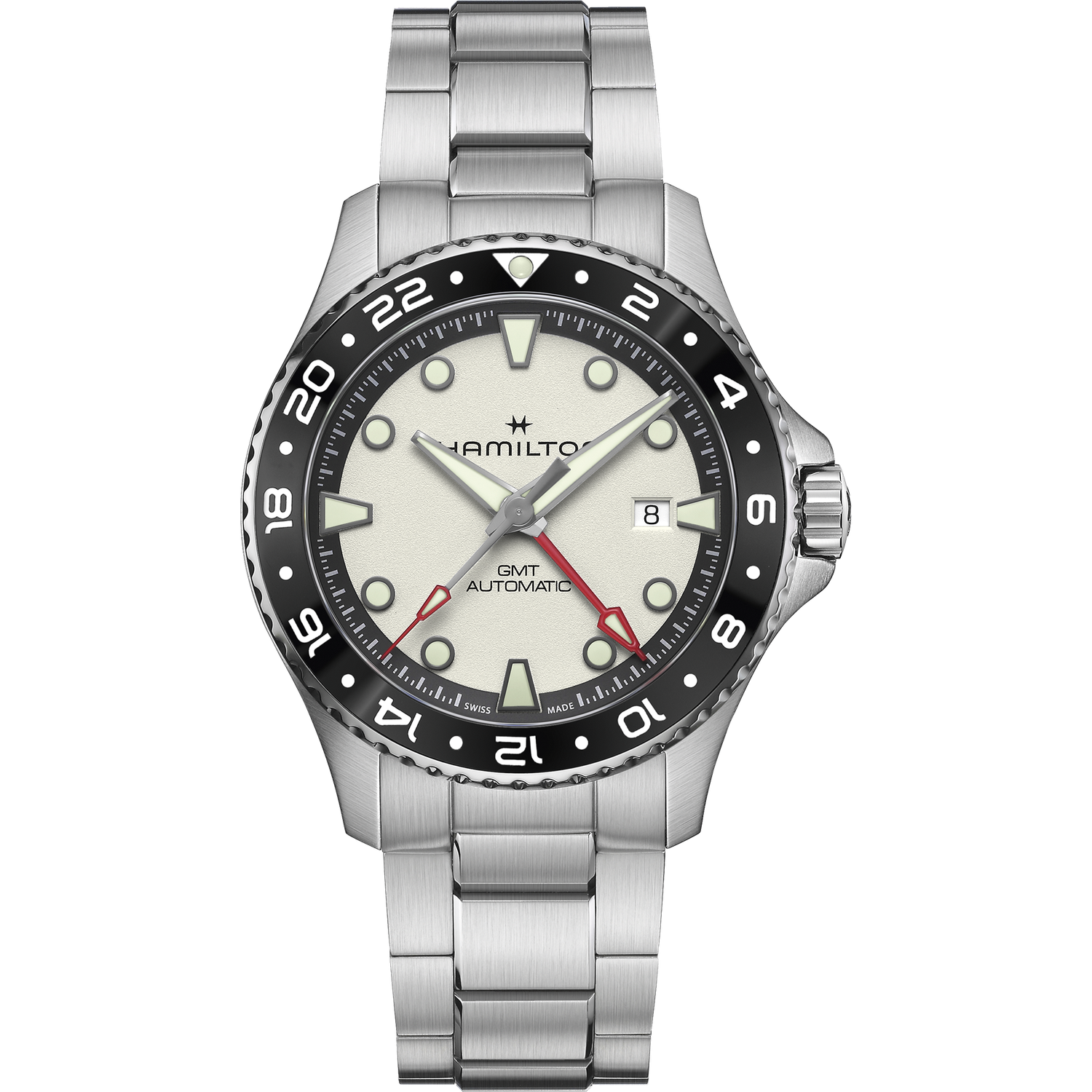 Men’s automatic watch Hamilton Khaki Navy H82555150 GMT 43mm – Sapphire, 300 m, 80h power reserve, steel bracelet