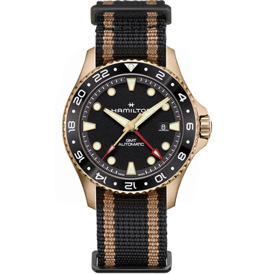 Men’s automatic watch Hamilton Khaki Navy H82565930 GMT 43mm – Sapphire, 300 m, 80 h power reserve, bronze case, textile strap