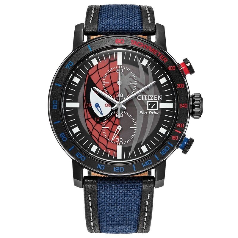 Men’s solar Citizen Marvel Spider‑Man CA0855‑47W 44 mm – Black IP steel, nylon &amp; leather strap, chronograph, 100 m