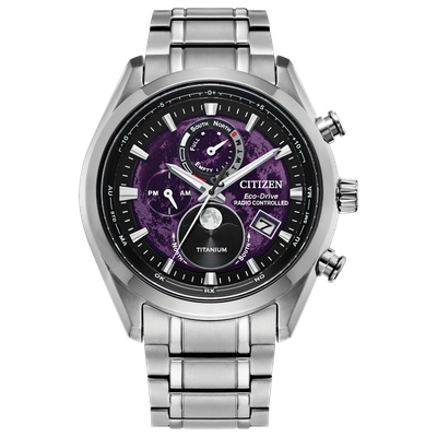 Men&#39;s radio-controlled watch Citizen titanium BY1010-81Z Tsuki-yomi A-T 43mm 100m WR sapphire crystal titanium strap and case Eco-Drive movement (powered by solar energy or light)