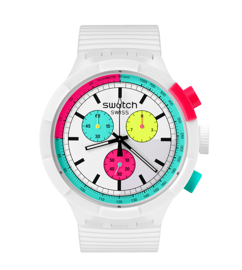 Swatch The Purity of Neon SB06W100 unisex watch. 47 mm. Quartz. 30 m WR.