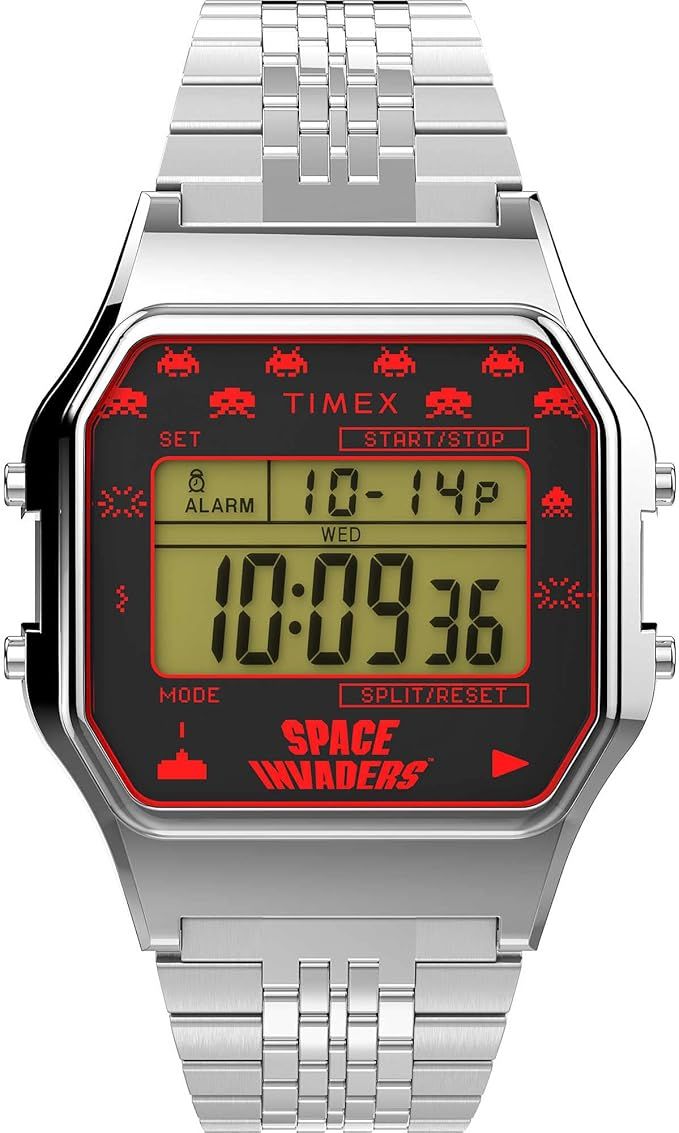 Timex Space Invaders TW2V30000 unisex digital watch 34x42mm 30m WR alarm Indiglo light steel strap