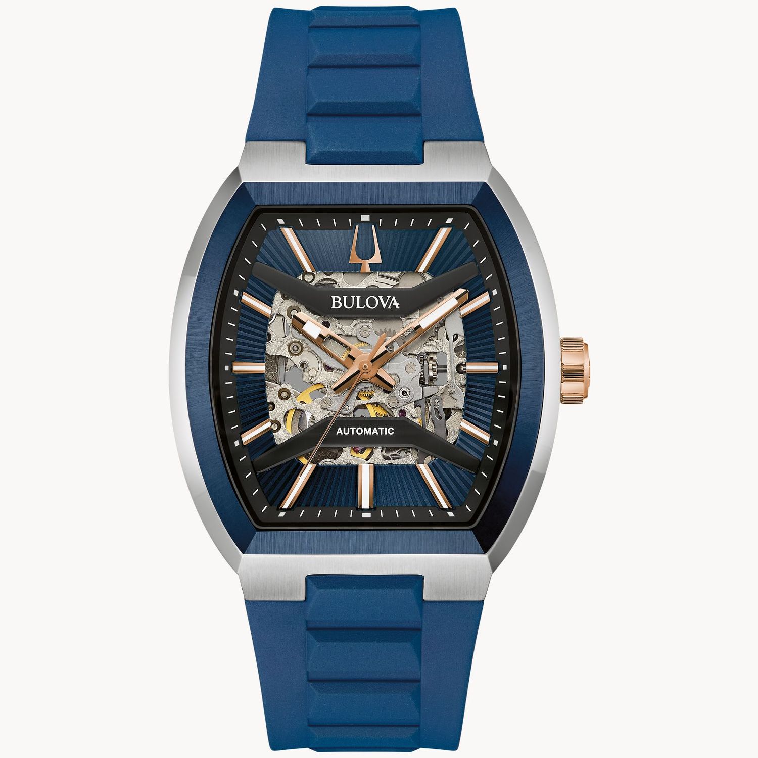 Bulova automatic watch for men, Movement 98A318, 40 mm, 50 m WR, HNBR strap (hydrogenated nitrile rubber - highly resistant), double curved anti-reflective sapphire crystal.