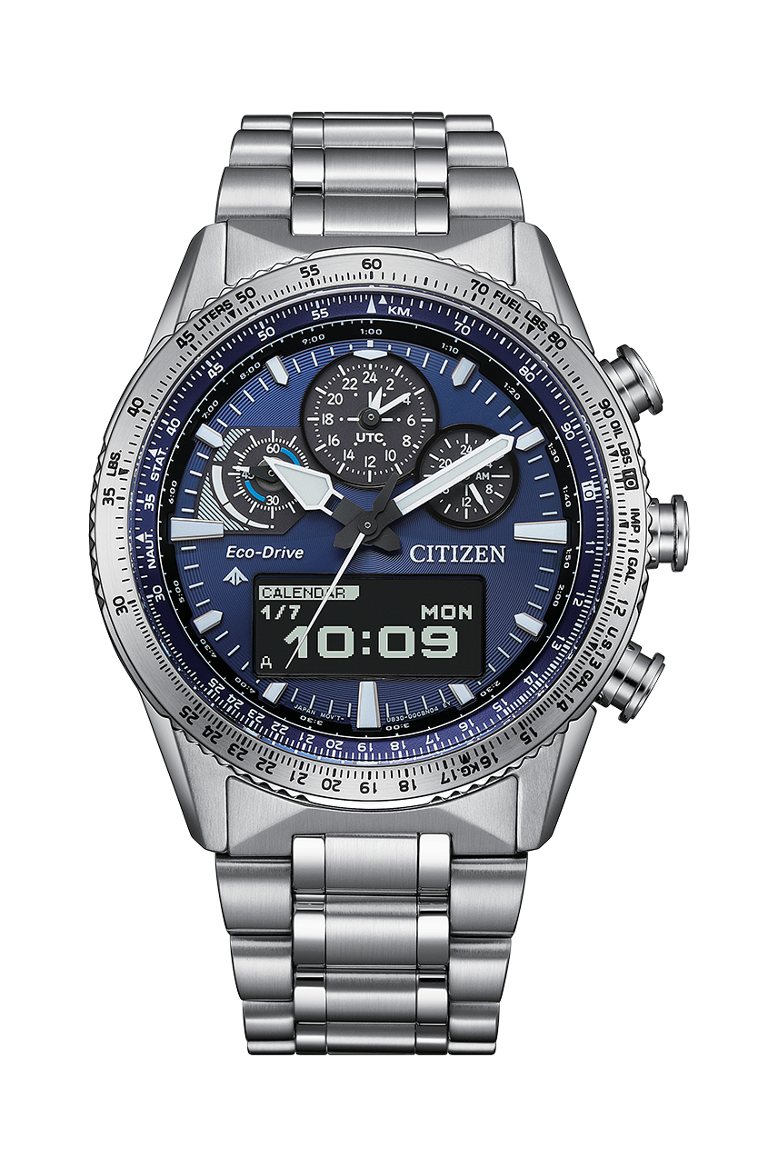 Citizen Promaster Pilot SkyHawk JV2000-51L 43mm 200m WR sapphire crystal Dual Time steel strap Eco-Drive movement (powered by solar energy or light)