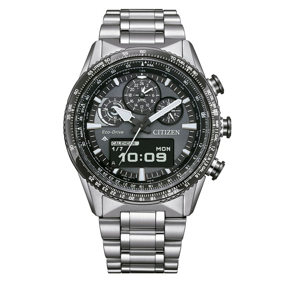 Citizen Promaster SkyHawk JV2006-55H 43mm 200m WR sapphire crystal Dual Time steel strap Eco-Drive movement (powered by solar energy or light)