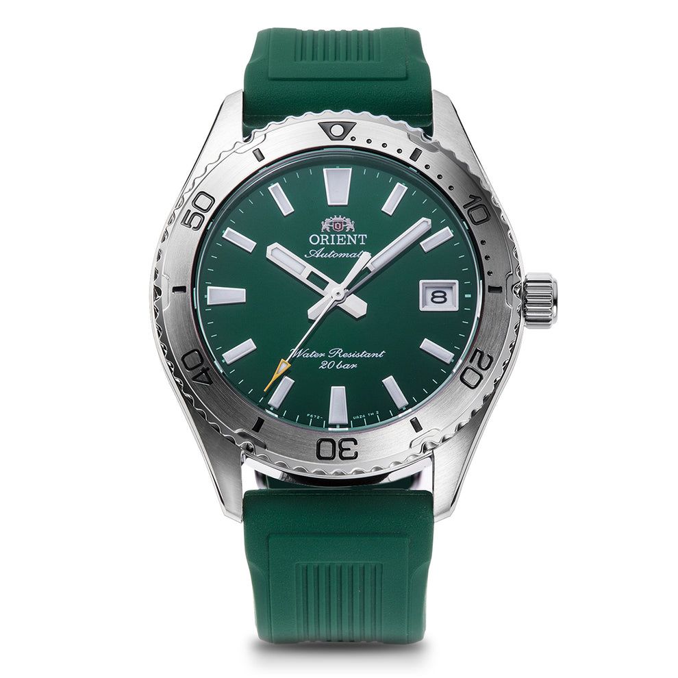 Orient Mako Sports RA-AC0Q11E Emerald Green men&#39;s automatic diving watch, 39.9 mm, 200 m WR, sapphire crystal, silicon strap