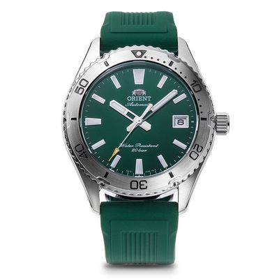 Orient Mako Sports RA-AC0Q11E Emerald Green men&#39;s automatic diving watch, 39.9 mm, 200 m WR, sapphire crystal, silicon strap