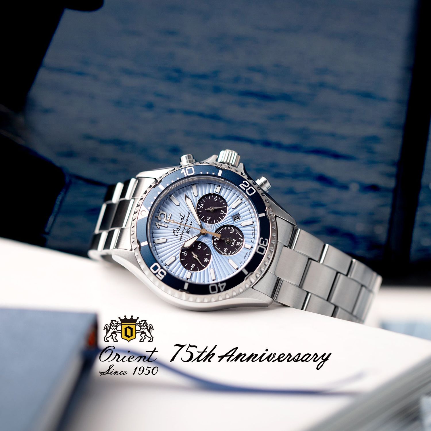 Orient Mako Sports Ice Blue Panda RA-TX0210L Limited Edition 75th Anniversary 42.8mm 200m WR sapphire crystal steel strap chronograph solar watch
