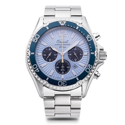 Orient Mako Sports Ice Blue Panda RA-TX0210L Limited Edition 75th Anniversary 42.8mm 200m WR sapphire crystal steel strap chronograph solar watch