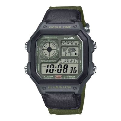 Casio World Time AE-1200WHUB-3AJF JDM Men&#39;s Watch Olive Green | 10-Year Battery | 100M WR |45 × 42.1 × 12.5 mm JDM (Japanese Domestic Market)