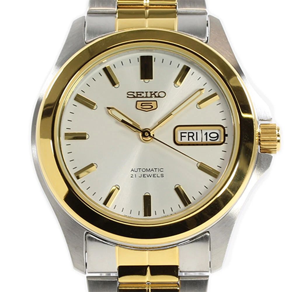 Seiko 5 SNKK94K1 automatic men&#39;s watch, 37 mm – two-tone bezel and bracelet, 30 m calibre, steel strap