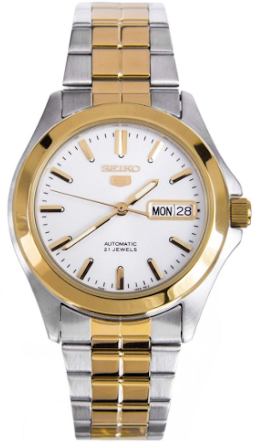 Seiko 5 SNKK94K1 automatic men&#39;s watch, 37 mm – two-tone bezel and bracelet, 30 m calibre, steel strap